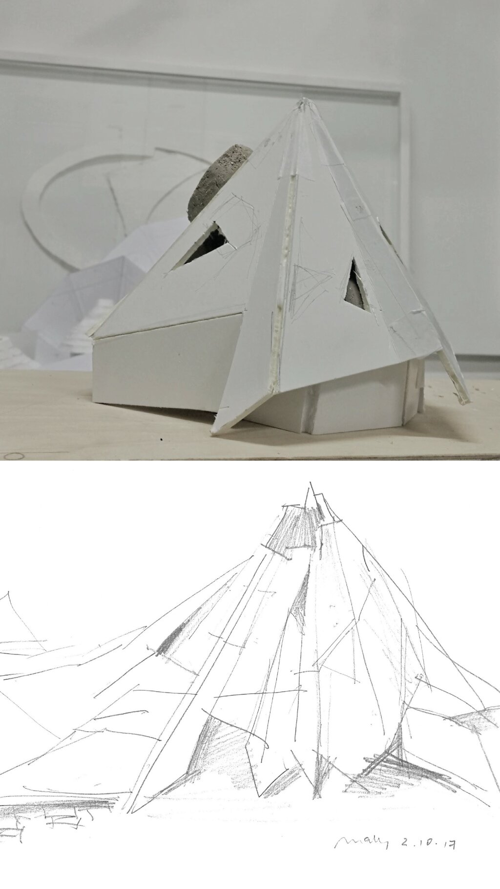 Skizze und Modell einer Gebäudeoption.